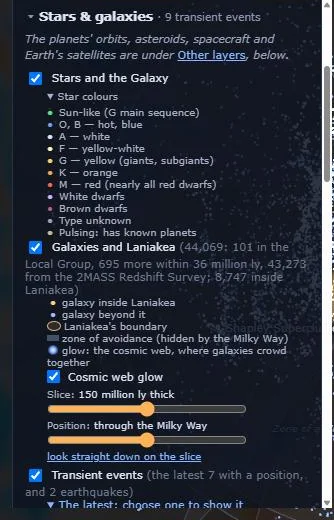 The Stars & galaxies section: star colour key, galaxy key, the cosmic web switch and the slice thickness and position sliders.