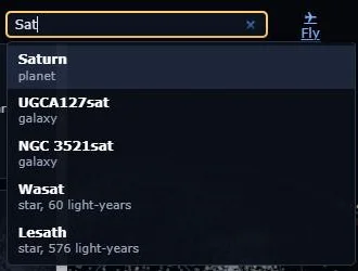 Typing “Sat” in the Find box lists Saturn, two galaxies and two stars.