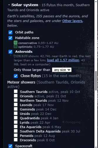 The Solar system section of the panel: switches for orbit paths, the habitable zone, asteroids with a size filter, close flybys, and a list of meteor showers.
