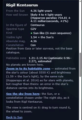 Rigil Kentaurus’s details: 4.36 light-years away, a Sun-like G2V star, its estimated habitable zone, and the links to zoom in to it and to see the sky from there.